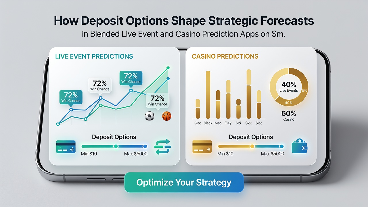 Darstellung einer mobilen App-Oberfläche mit Einzahlungsverlauf und strategischen Prognose-Elementen für Live-Events sowie Casino