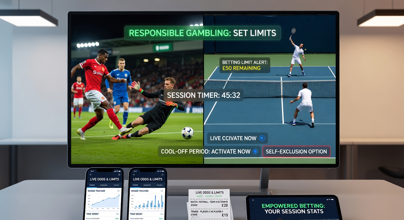 Grafik eines Tennis-Courts während eines Live-Matches mit Icons für verantwortungsvolle Wettfunktionen wie Reality-Checks und Limits