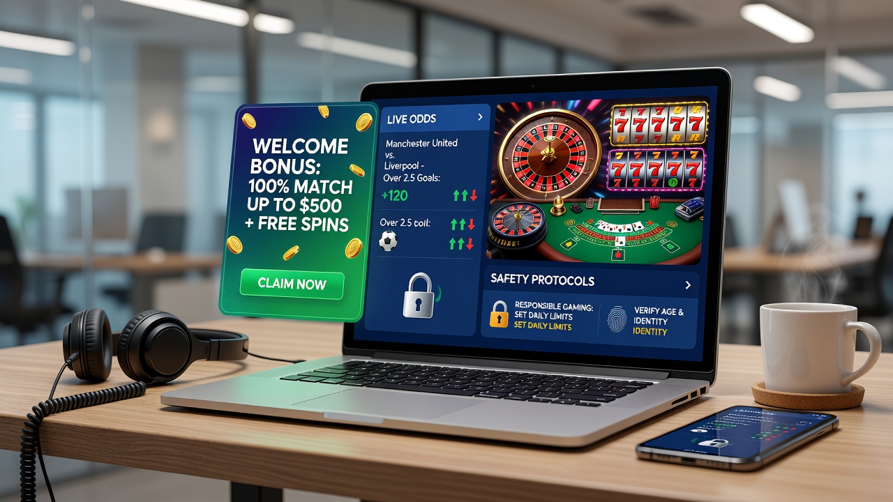 Mobile App-Oberfläche zeigt Willkommensbonus und Live-Quoten für Fußball kombiniert mit Casino-Optionen