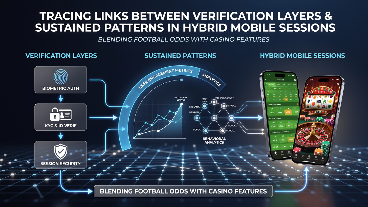 Illustration hybrider mobiler Wettplattformen mit Verifizierungsprozessen und gemischten Fußball- sowie Casino-Elementen